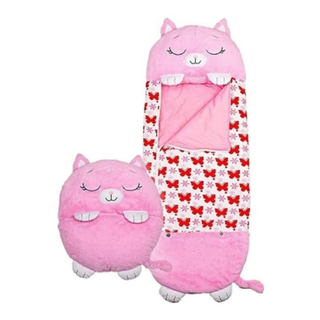 Saco de dormir gato rosado con almohada y peluche integrado, saco extendido. Napoles Novedades