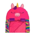 Saco de dormir unicornio fucsia con almohada y peluche integrado, acercamiento a cabecera. Napoles Novedades