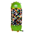 Saco de dormir monstruo verde con almohada y peluche integrado, saco extendido. Napoles Novedades